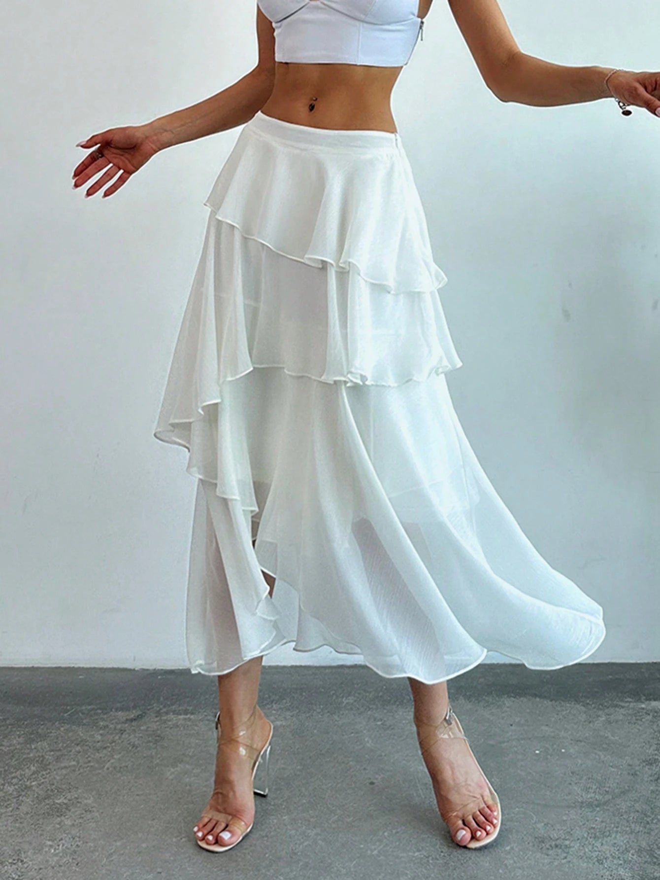 Firerie Elegant White Chiffon Ruffled Asymmetrical Mid-Length Skirt,Summer Vacation Holiday Boho Wedding Guest Special Occasion Celebration Beach