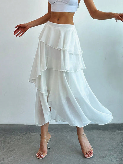 Firerie Elegant White Chiffon Ruffled Asymmetrical Mid-Length Skirt,Summer Vacation Holiday Boho Wedding Guest Special Occasion Celebration Beach