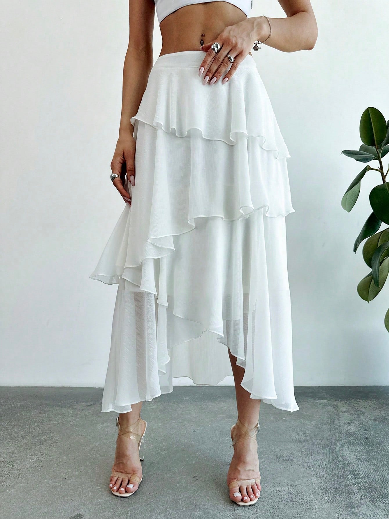 Firerie Elegant White Chiffon Ruffled Asymmetrical Mid-Length Skirt,Summer Vacation Holiday Boho Wedding Guest Special Occasion Celebration Beach