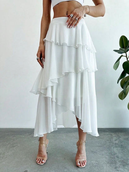 Firerie Elegant White Chiffon Ruffled Asymmetrical Mid-Length Skirt,Summer Vacation Holiday Boho Wedding Guest Special Occasion Celebration Beach