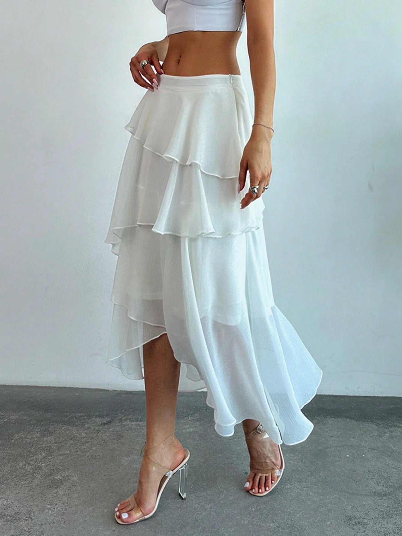 Firerie Elegant White Chiffon Ruffled Asymmetrical Mid-Length Skirt,Summer Vacation Holiday Boho Wedding Guest Special Occasion Celebration Beach