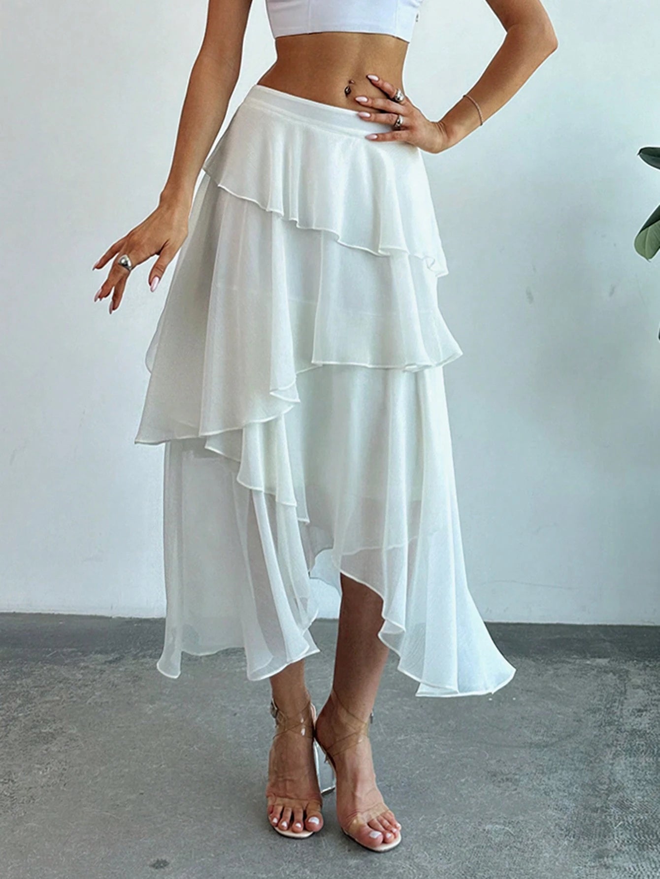 Firerie Elegant White Chiffon Ruffled Asymmetrical Mid-Length Skirt,Summer Vacation Holiday Boho Wedding Guest Special Occasion Celebration Beach