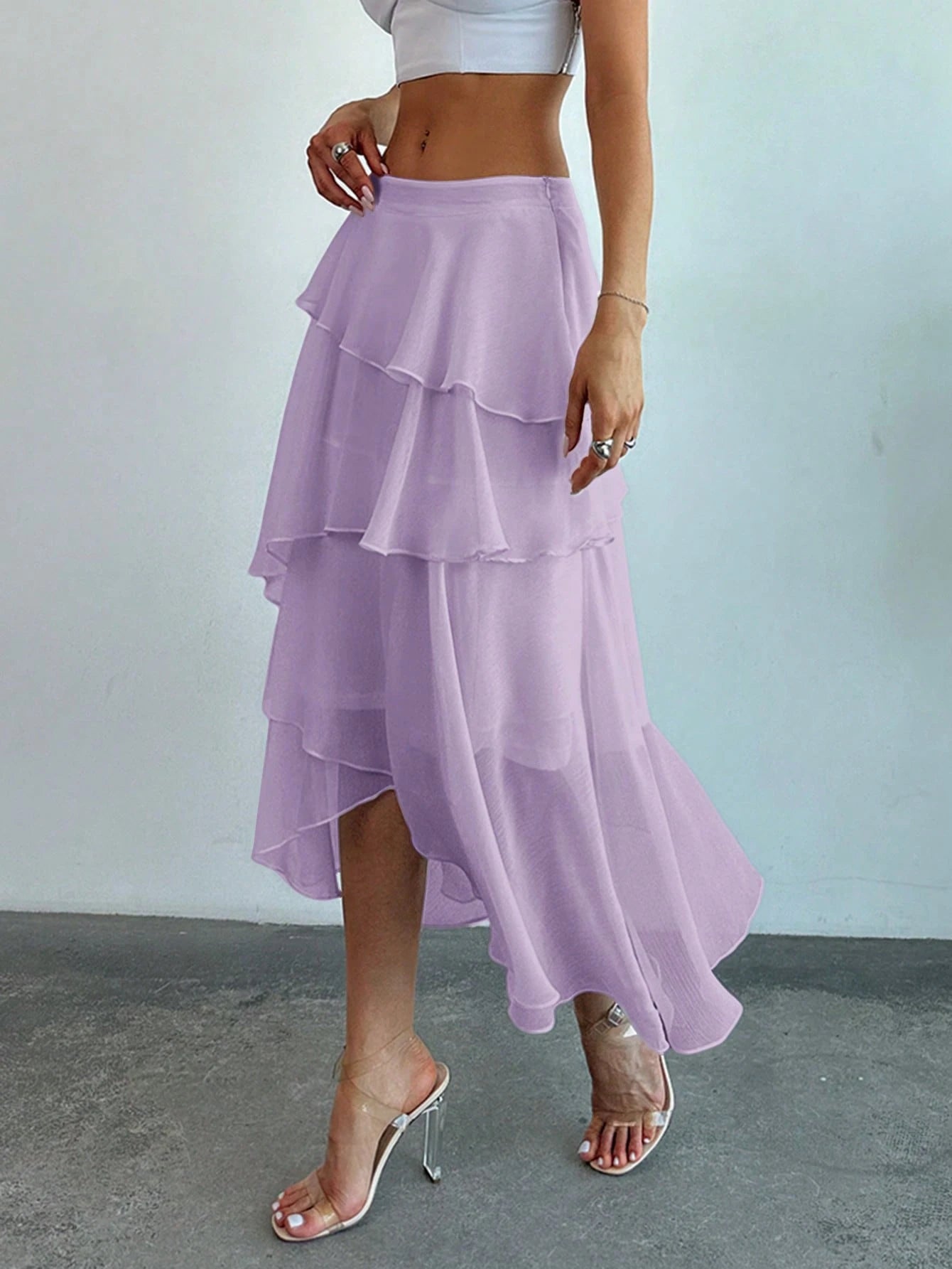 Firerie Elegant White Chiffon Ruffled Asymmetrical Mid-Length Skirt,Summer Vacation Holiday Boho Wedding Guest Special Occasion Celebration Beach