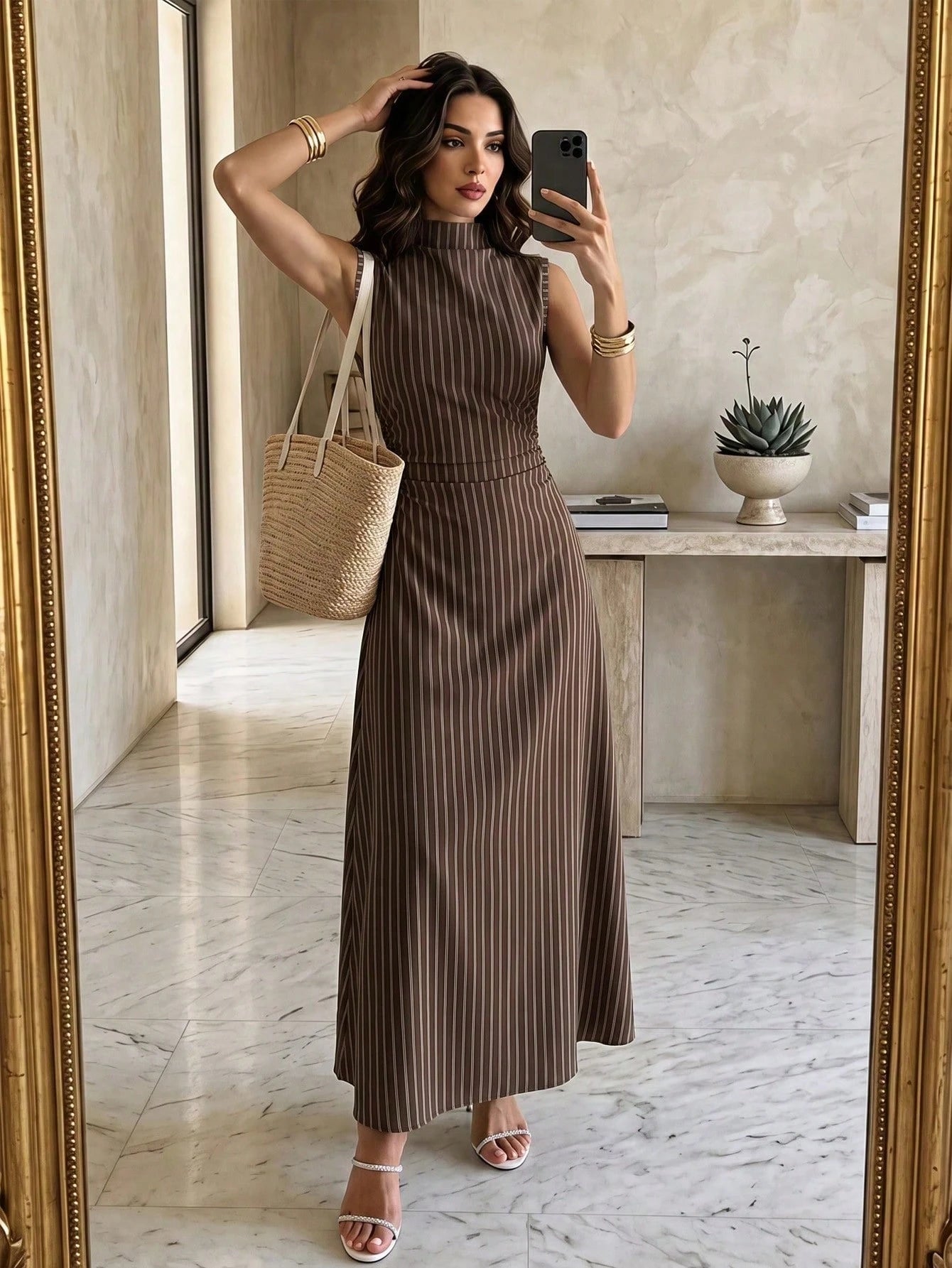 Firerie New Minimalist Elegant Romantic Date Daily Commute Brown Striped Small Stand Collar Sleeveless Cinched Waist Pleated A-Line Long Dress, Early Autumn Versatile Striped Dress