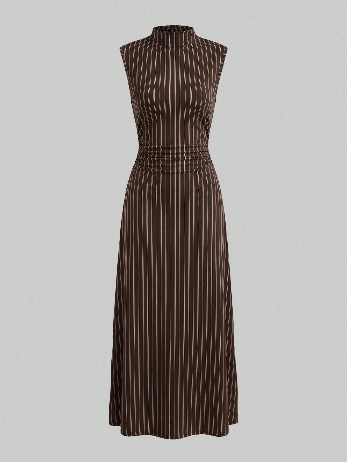 Firerie New Minimalist Elegant Romantic Date Daily Commute Brown Striped Small Stand Collar Sleeveless Cinched Waist Pleated A-Line Long Dress, Early Autumn Versatile Striped Dress