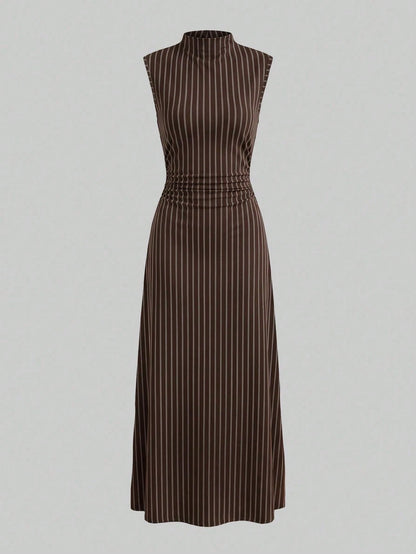 Firerie New Minimalist Elegant Romantic Date Daily Commute Brown Striped Small Stand Collar Sleeveless Cinched Waist Pleated A-Line Long Dress, Early Autumn Versatile Striped Dress