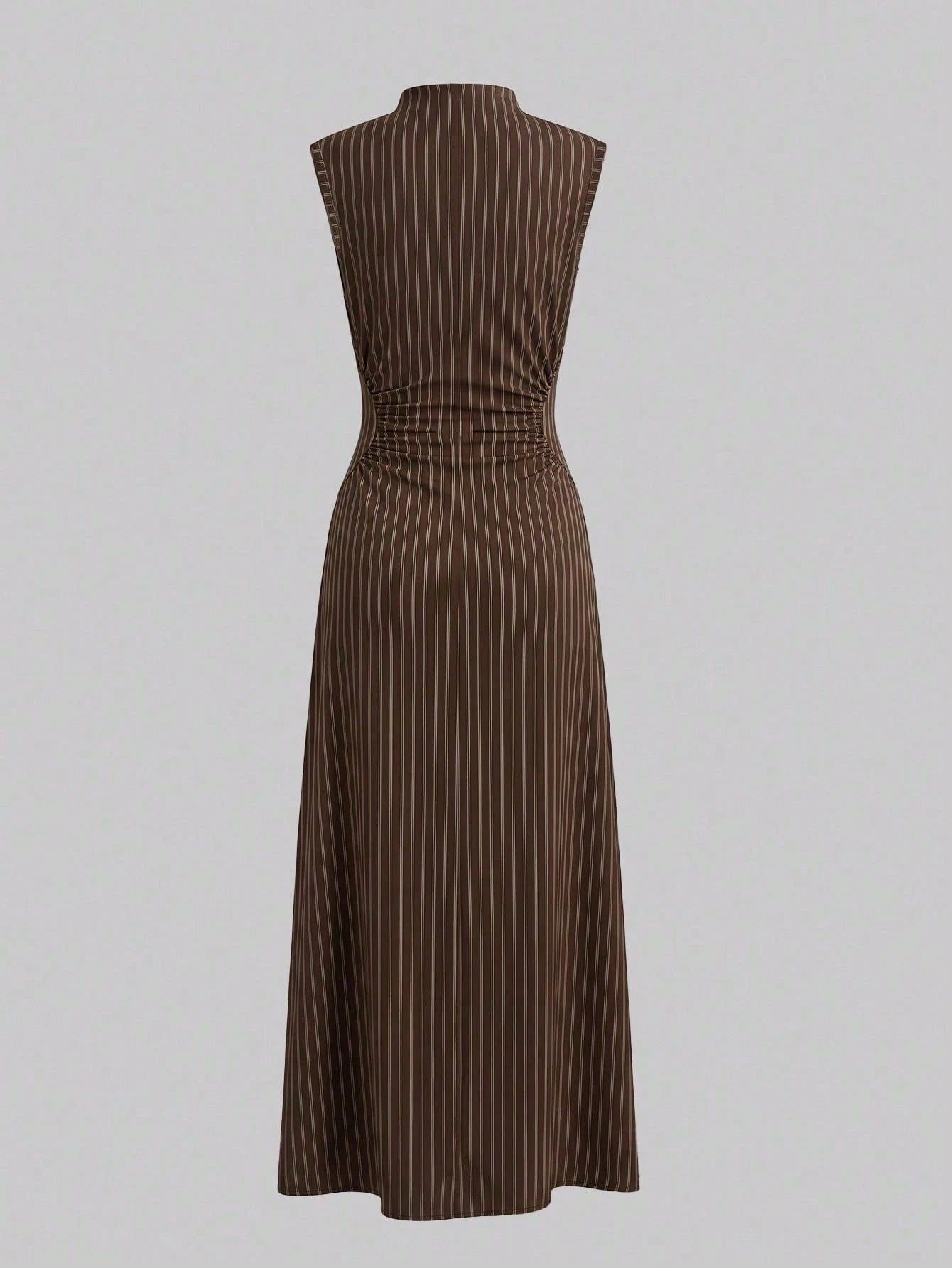 Firerie New Minimalist Elegant Romantic Date Daily Commute Brown Striped Small Stand Collar Sleeveless Cinched Waist Pleated A-Line Long Dress, Early Autumn Versatile Striped Dress
