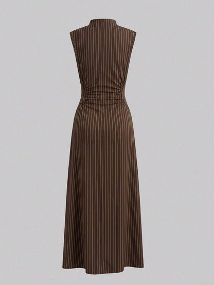 Firerie New Minimalist Elegant Romantic Date Daily Commute Brown Striped Small Stand Collar Sleeveless Cinched Waist Pleated A-Line Long Dress, Early Autumn Versatile Striped Dress