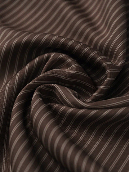 Firerie New Minimalist Elegant Romantic Date Daily Commute Brown Striped Small Stand Collar Sleeveless Cinched Waist Pleated A-Line Long Dress, Early Autumn Versatile Striped Dress