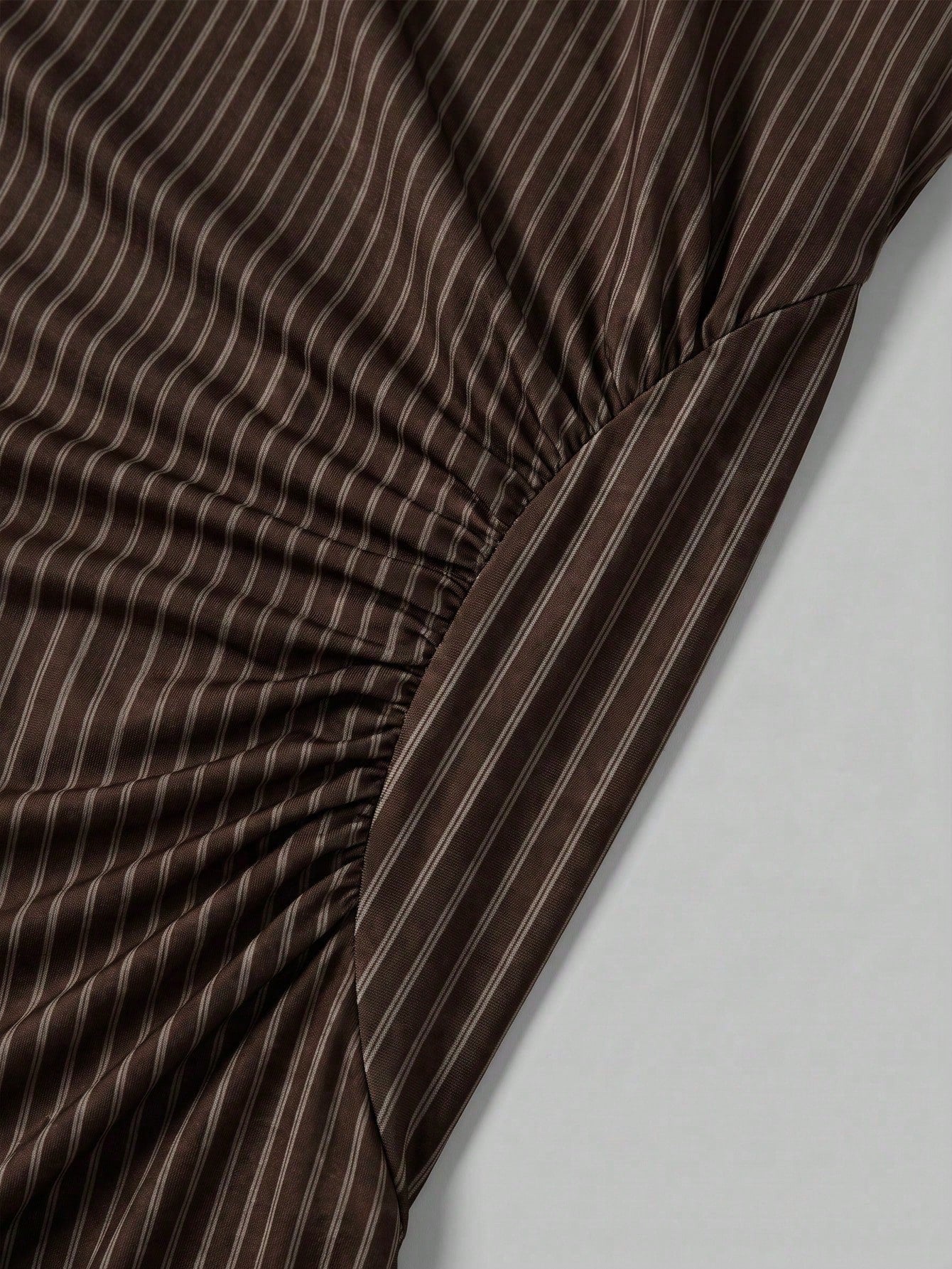 Firerie New Minimalist Elegant Romantic Date Daily Commute Brown Striped Small Stand Collar Sleeveless Cinched Waist Pleated A-Line Long Dress, Early Autumn Versatile Striped Dress