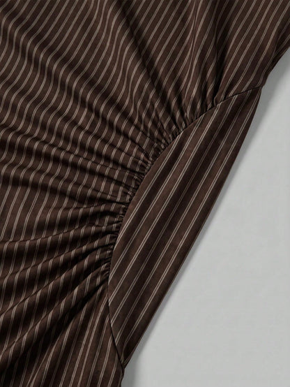 Firerie New Minimalist Elegant Romantic Date Daily Commute Brown Striped Small Stand Collar Sleeveless Cinched Waist Pleated A-Line Long Dress, Early Autumn Versatile Striped Dress