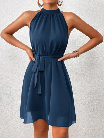 Firerie Solid Belted Halter Dress,Summer Dresses For Women,Tea Party Dress