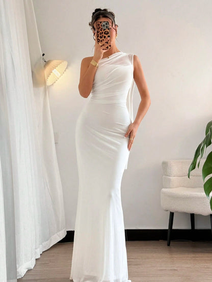 Firerie White Summer Elegant Romantic Wedding Dinner Formal Guest Ladies Asymmetrical Shoulder Hip Fishtail Dress Beach Boho Fairy Style Graduation Party