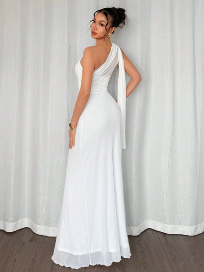 Firerie White Summer Elegant Romantic Wedding Dinner Formal Guest Ladies Asymmetrical Shoulder Hip Fishtail Dress Beach Boho Fairy Style Graduation Party