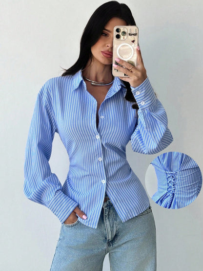 Firerie Women's Blue And White Stripe Long Sleeve Shirt,Tie-Waist Cinched Waist Elegant Office Work Attire,Casual Commuter Bohemian Vacation Shirt For Autumn