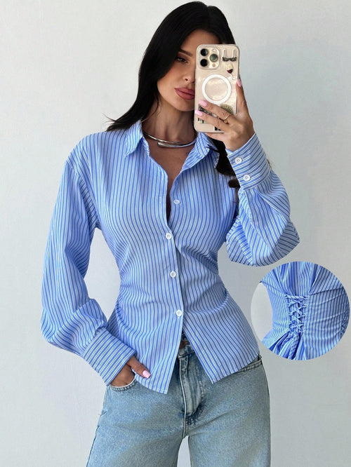 Firerie Women's Blue And White Stripe Long Sleeve Shirt,Tie-Waist Cinched Waist Elegant Office Work Attire,Casual Commuter Bohemian Vacation Shirt For Autumn