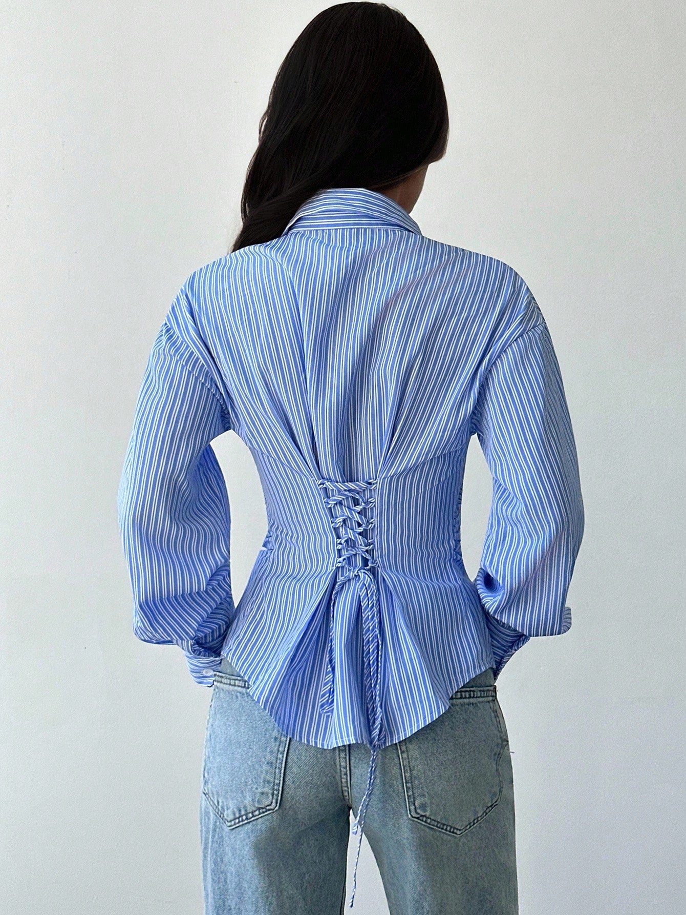 Firerie Women's Blue And White Stripe Long Sleeve Shirt,Tie-Waist Cinched Waist Elegant Office Work Attire,Casual Commuter Bohemian Vacation Shirt For Autumn