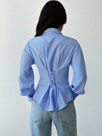 Firerie Women's Blue And White Stripe Long Sleeve Shirt,Tie-Waist Cinched Waist Elegant Office Work Attire,Casual Commuter Bohemian Vacation Shirt For Autumn