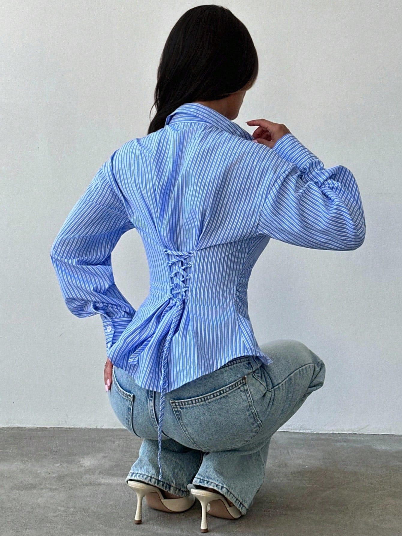 Firerie Women's Blue And White Stripe Long Sleeve Shirt,Tie-Waist Cinched Waist Elegant Office Work Attire,Casual Commuter Bohemian Vacation Shirt For Autumn