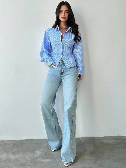 Firerie Women's Blue And White Stripe Long Sleeve Shirt,Tie-Waist Cinched Waist Elegant Office Work Attire,Casual Commuter Bohemian Vacation Shirt For Autumn