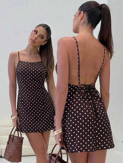 Firerie Women's Brown And White Polka Dot Floral Print Casual Sexy Spaghetti Strap Backless Loose Hawaiian Holiday Vacation Sun Dress, Butter Summer Dresses