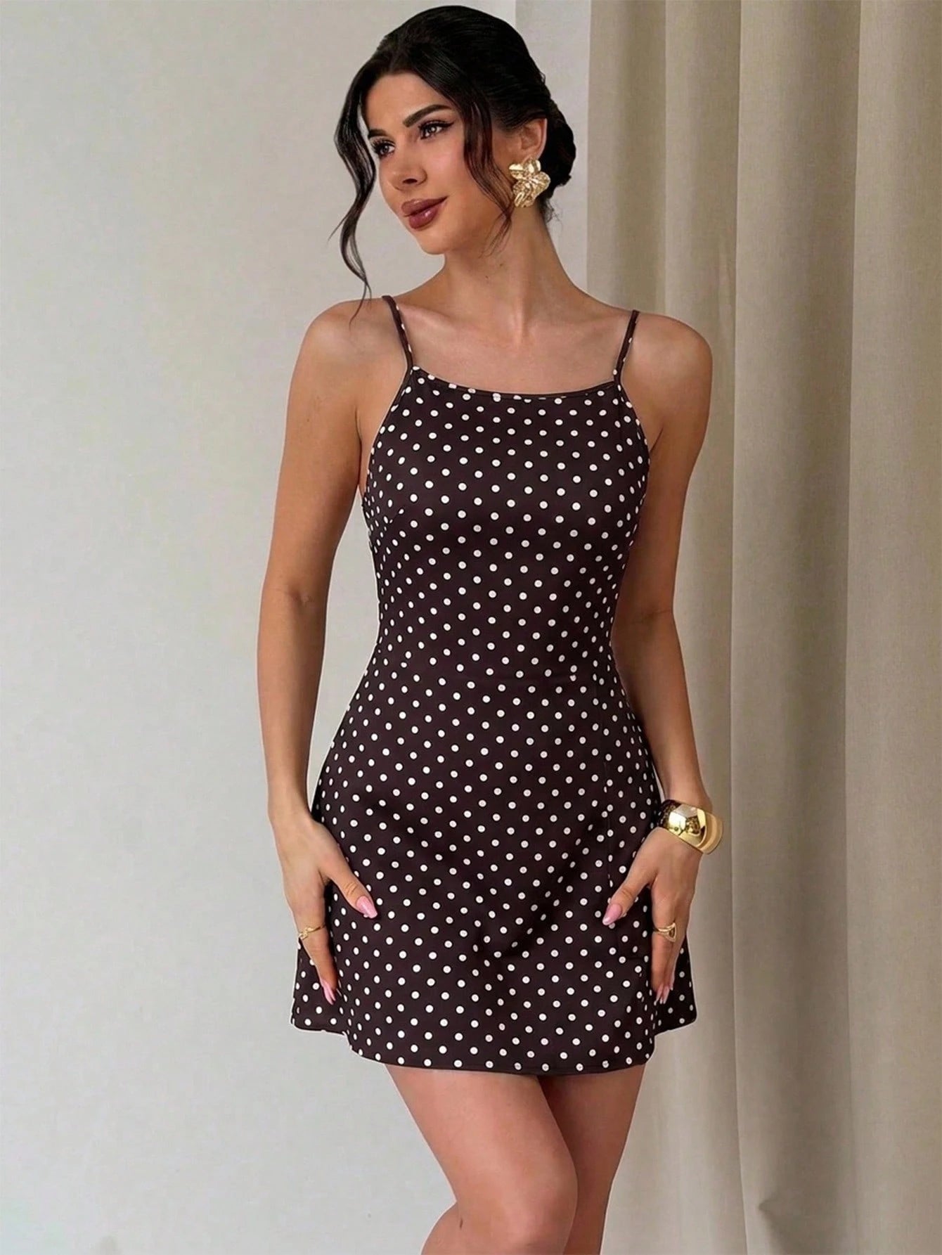 Firerie Women's Brown And White Polka Dot Floral Print Casual Sexy Spaghetti Strap Backless Loose Hawaiian Holiday Vacation Sun Dress, Butter Summer Dresses