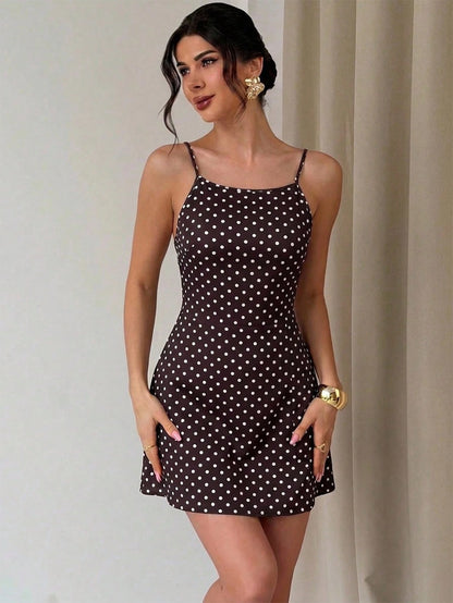 Firerie Women's Brown And White Polka Dot Floral Print Casual Sexy Spaghetti Strap Backless Loose Hawaiian Holiday Vacation Sun Dress, Butter Summer Dresses