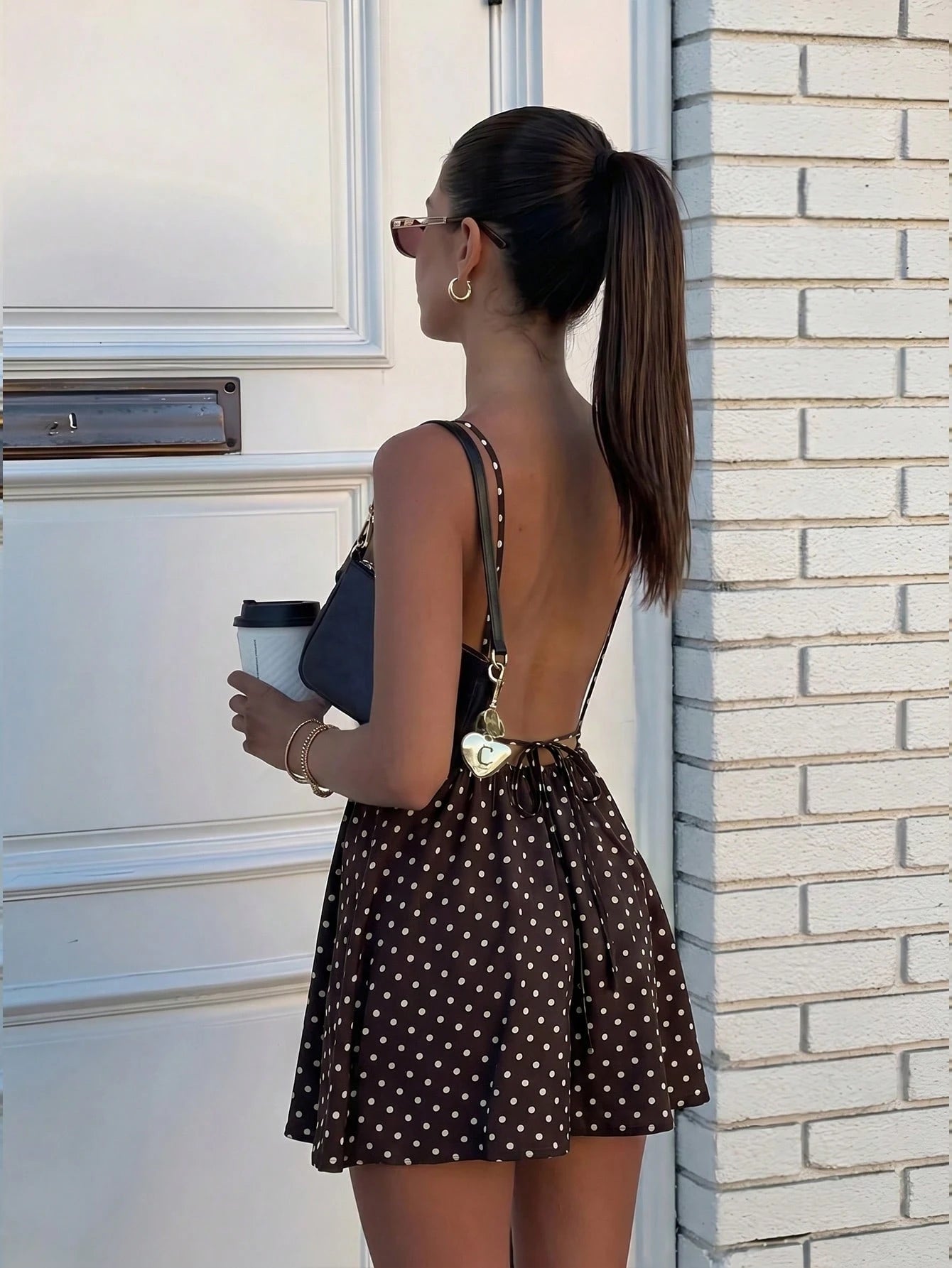 Firerie Women's Brown And White Polka Dot Floral Print Casual Sexy Spaghetti Strap Backless Loose Hawaiian Holiday Vacation Sun Dress, Butter Summer Dresses