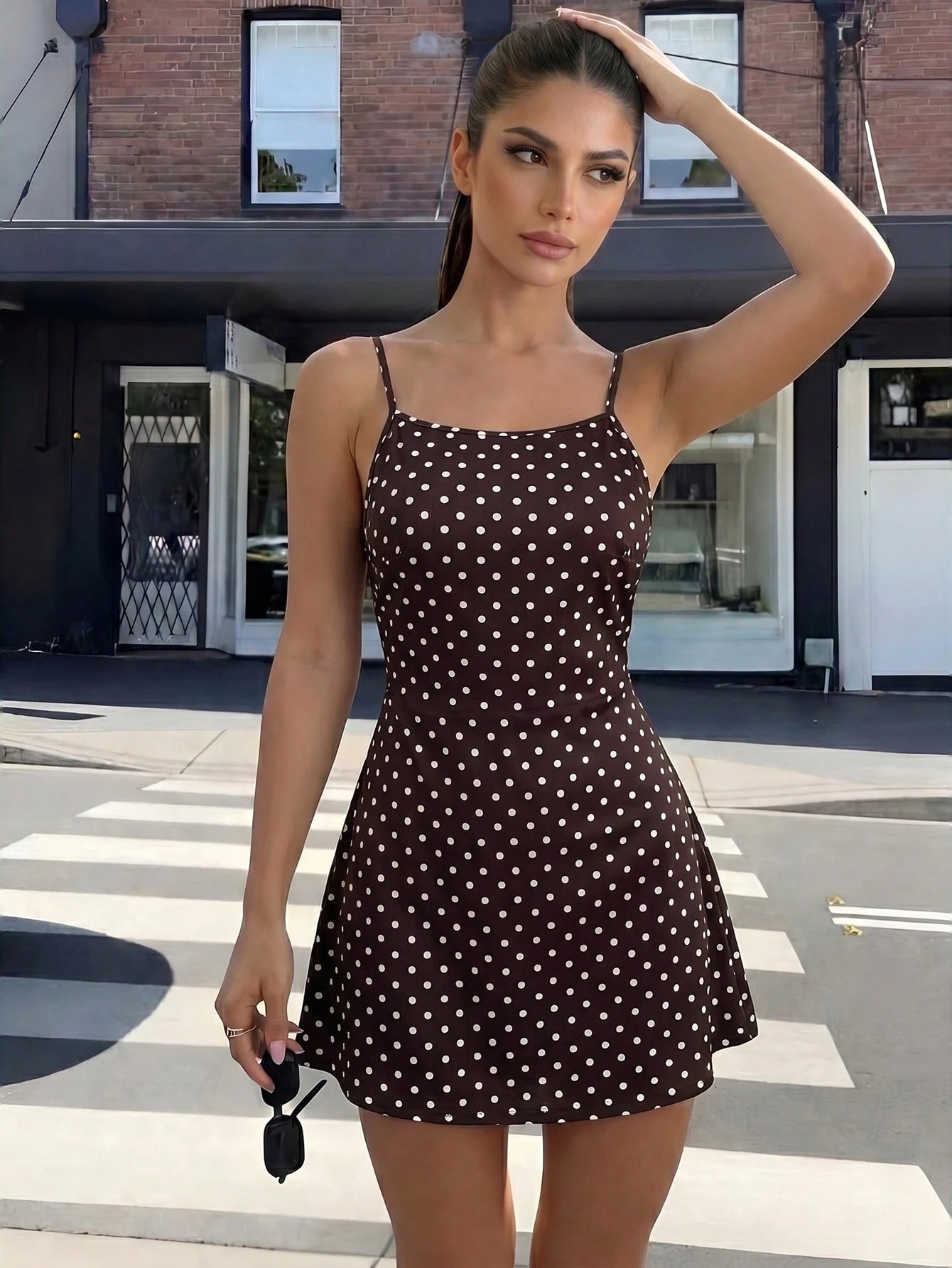 Firerie Women's Brown And White Polka Dot Floral Print Casual Sexy Spaghetti Strap Backless Loose Hawaiian Holiday Vacation Sun Dress, Butter Summer Dresses