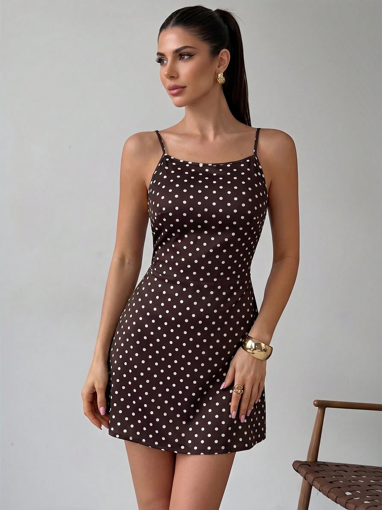 Firerie Women's Brown And White Polka Dot Floral Print Casual Sexy Spaghetti Strap Backless Loose Hawaiian Holiday Vacation Sun Dress, Butter Summer Dresses