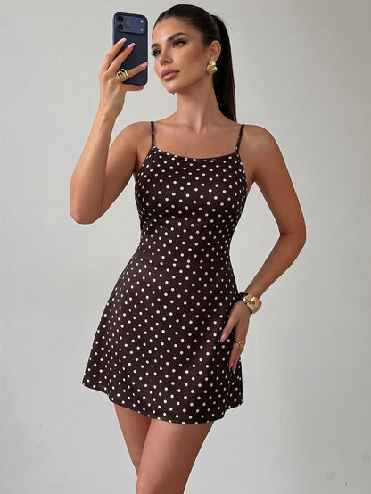Firerie Women's Brown And White Polka Dot Floral Print Casual Sexy Spaghetti Strap Backless Loose Hawaiian Holiday Vacation Sun Dress, Butter Summer Dresses