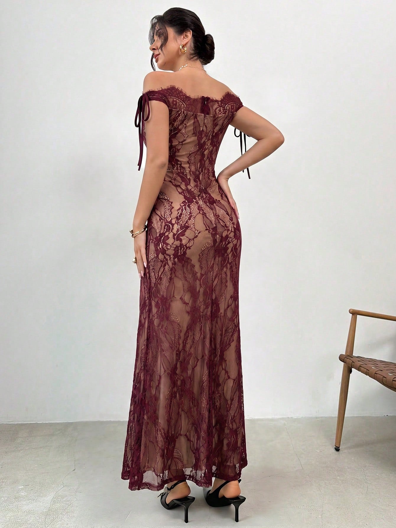 Firerie Women's Elegant Burgundy Lace Bodycon Floor-Length Dress,Autumn S-Shaped Bustier Long Sleeve Tea Party Gown,Dining & Wedding Guest Summer Dress