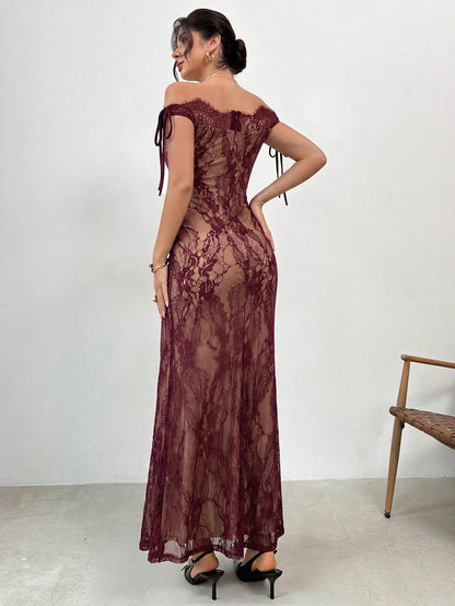 Firerie Women's Elegant Burgundy Lace Bodycon Floor-Length Dress,Autumn S-Shaped Bustier Long Sleeve Tea Party Gown,Dining & Wedding Guest Summer Dress