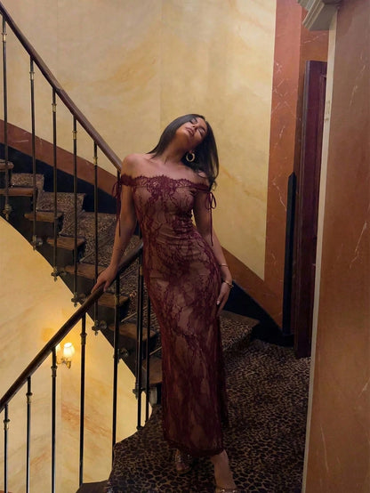 Firerie Women's Elegant Burgundy Lace Bodycon Floor-Length Dress,Autumn S-Shaped Bustier Long Sleeve Tea Party Gown,Dining & Wedding Guest Summer Dress