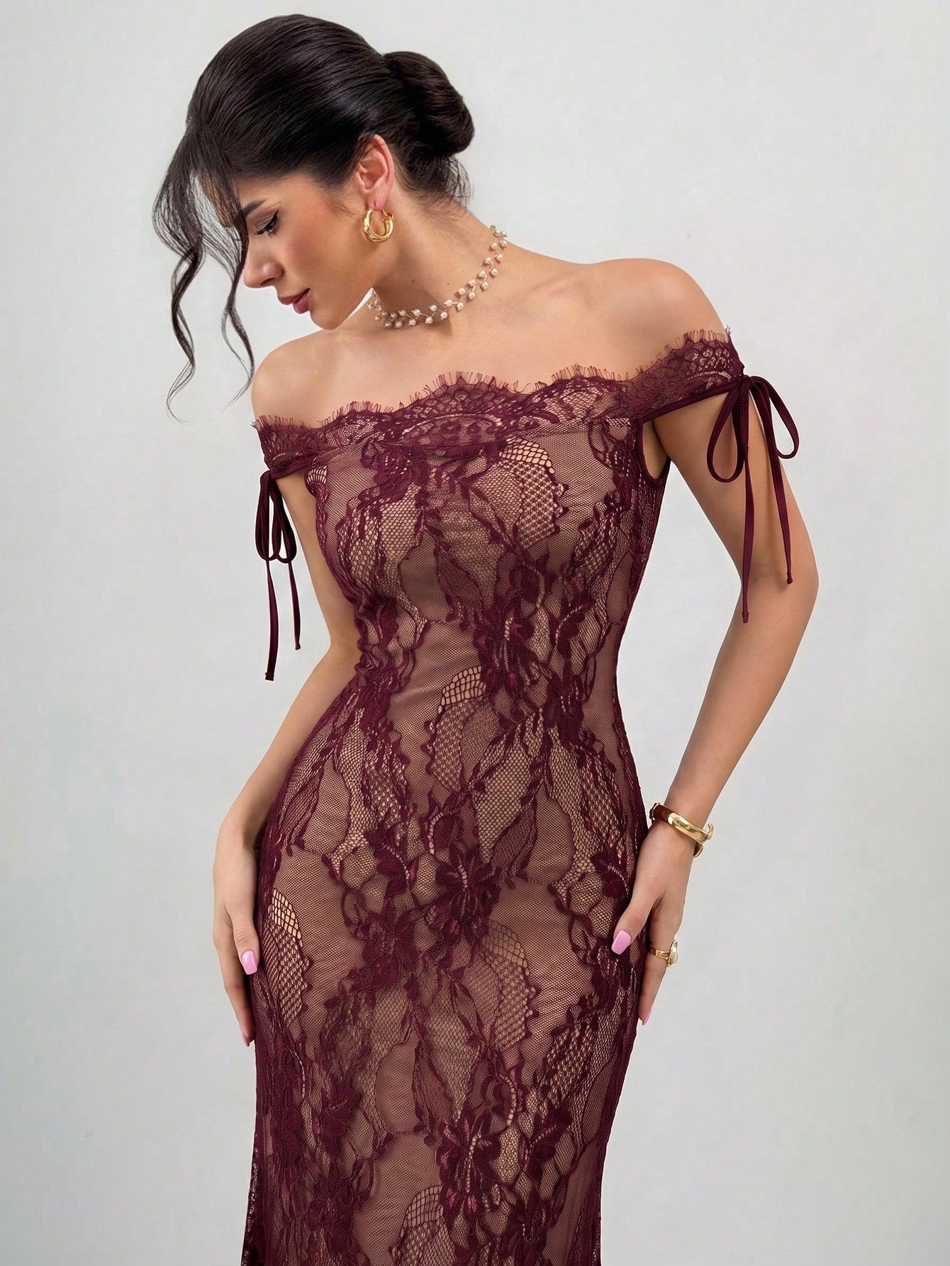 Firerie Women's Elegant Burgundy Lace Bodycon Floor-Length Dress,Autumn S-Shaped Bustier Long Sleeve Tea Party Gown,Dining & Wedding Guest Summer Dress