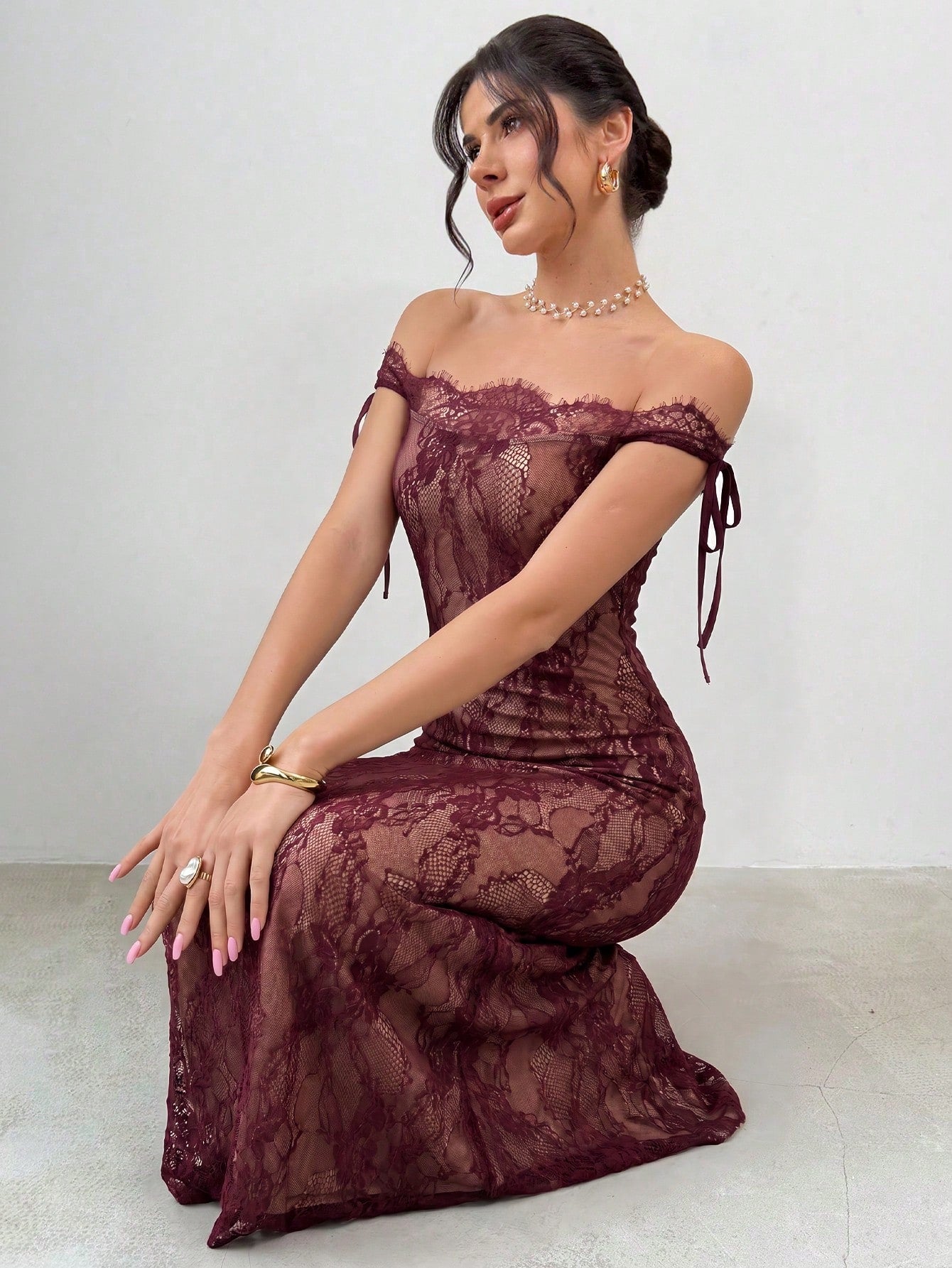 Firerie Women's Elegant Burgundy Lace Bodycon Floor-Length Dress,Autumn S-Shaped Bustier Long Sleeve Tea Party Gown,Dining & Wedding Guest Summer Dress