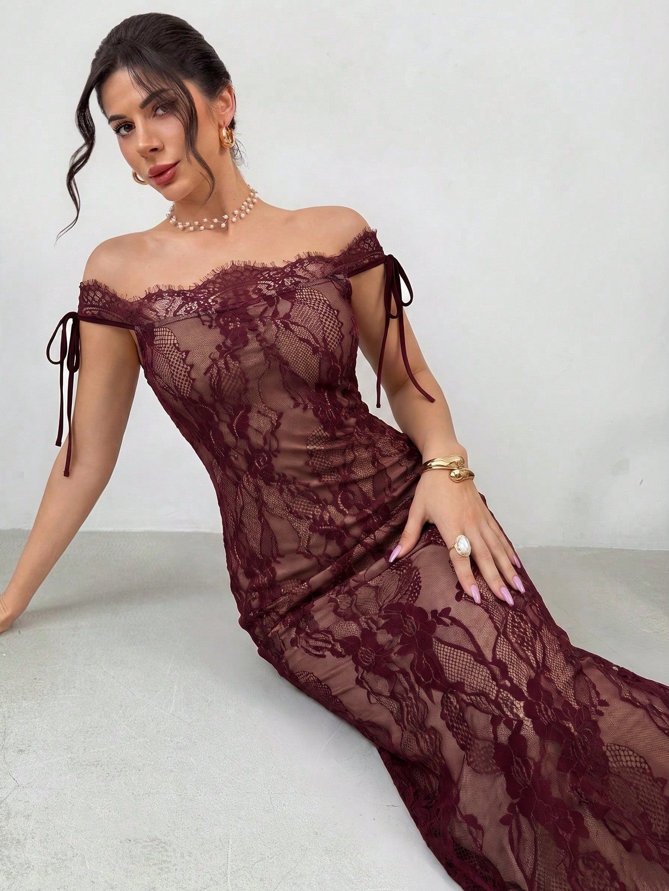 Firerie Women's Elegant Burgundy Lace Bodycon Floor-Length Dress,Autumn S-Shaped Bustier Long Sleeve Tea Party Gown,Dining & Wedding Guest Summer Dress