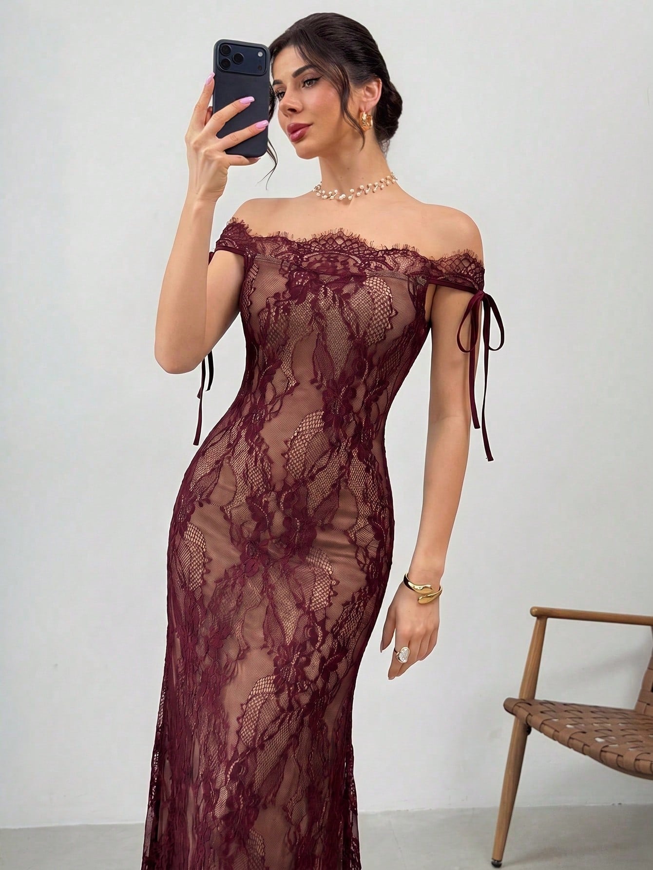 Firerie Women's Elegant Burgundy Lace Bodycon Floor-Length Dress,Autumn S-Shaped Bustier Long Sleeve Tea Party Gown,Dining & Wedding Guest Summer Dress