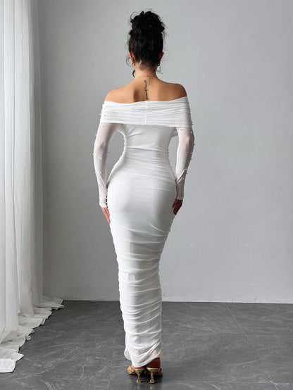 Firerie Women's Elegant Sexy White Autumn Maxi Dress, Pearl Decor Ruched Slim Fit Open Shoulder Graduation Office Party, Anniversary, Valentine's Day Outfits
