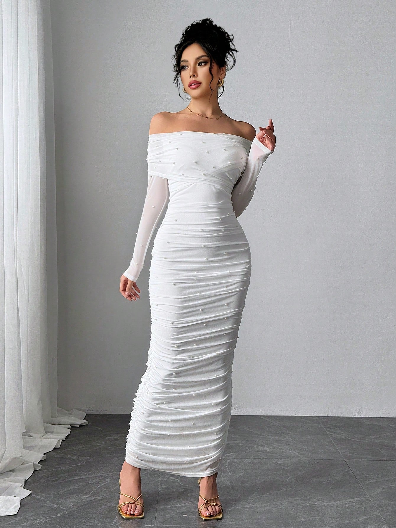 Firerie Women's Elegant Sexy White Autumn Maxi Dress, Pearl Decor Ruched Slim Fit Open Shoulder Graduation Office Party, Anniversary, Valentine's Day Outfits