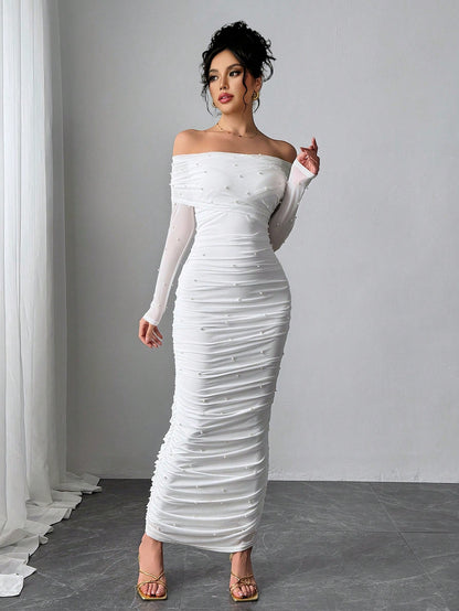 Firerie Women's Elegant Sexy White Autumn Maxi Dress, Pearl Decor Ruched Slim Fit Open Shoulder Graduation Office Party, Anniversary, Valentine's Day Outfits