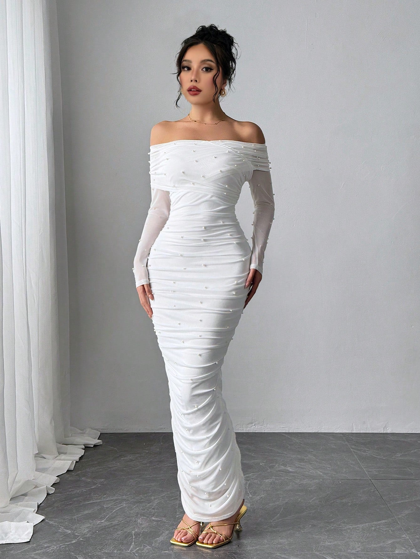 Firerie Women's Elegant Sexy White Autumn Maxi Dress, Pearl Decor Ruched Slim Fit Open Shoulder Graduation Office Party, Anniversary, Valentine's Day Outfits