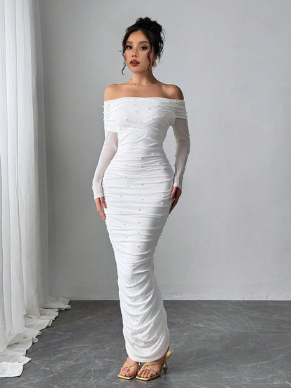 Firerie Women's Elegant Sexy White Autumn Maxi Dress, Pearl Decor Ruched Slim Fit Open Shoulder Graduation Office Party, Anniversary, Valentine's Day Outfits