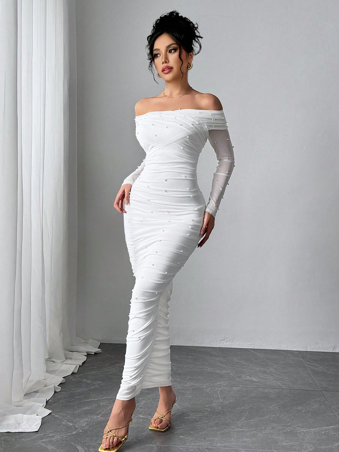 Firerie Women's Elegant Sexy White Autumn Maxi Dress, Pearl Decor Ruched Slim Fit Open Shoulder Graduation Office Party, Anniversary, Valentine's Day Outfits