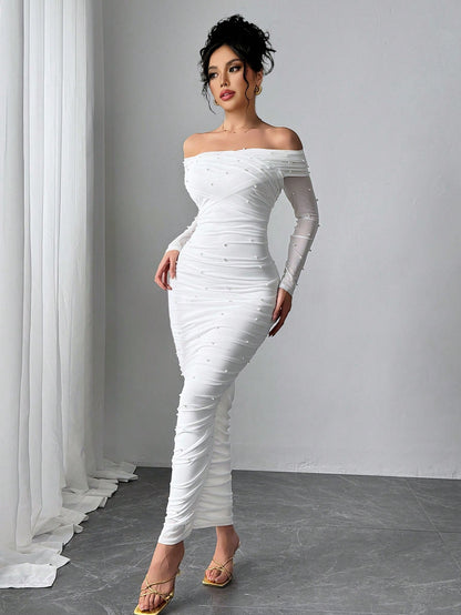 Firerie Women's Elegant Sexy White Autumn Maxi Dress, Pearl Decor Ruched Slim Fit Open Shoulder Graduation Office Party, Anniversary, Valentine's Day Outfits