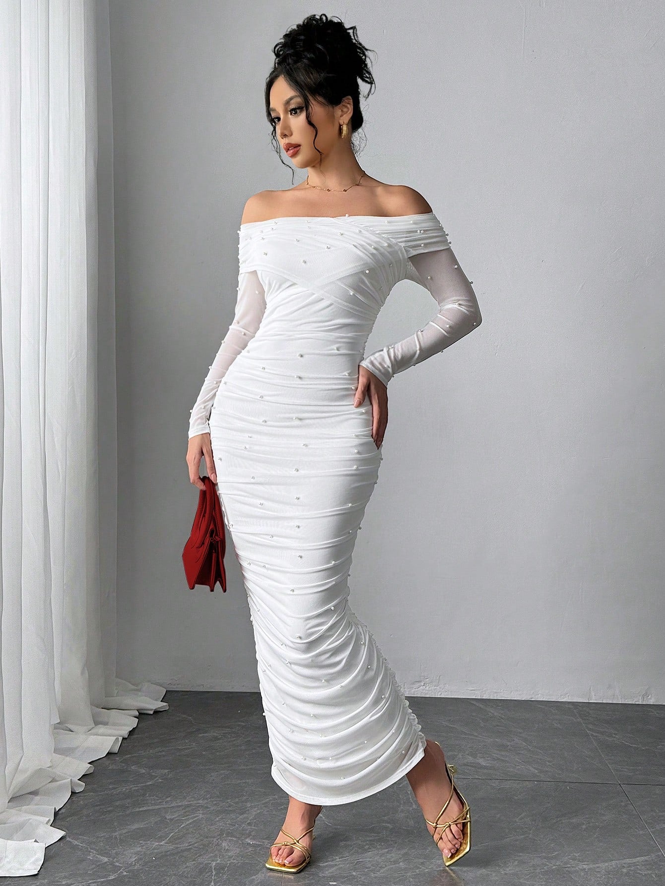 Firerie Women's Elegant Sexy White Autumn Maxi Dress, Pearl Decor Ruched Slim Fit Open Shoulder Graduation Office Party, Anniversary, Valentine's Day Outfits