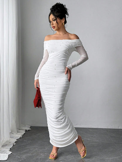 Firerie Women's Elegant Sexy White Autumn Maxi Dress, Pearl Decor Ruched Slim Fit Open Shoulder Graduation Office Party, Anniversary, Valentine's Day Outfits