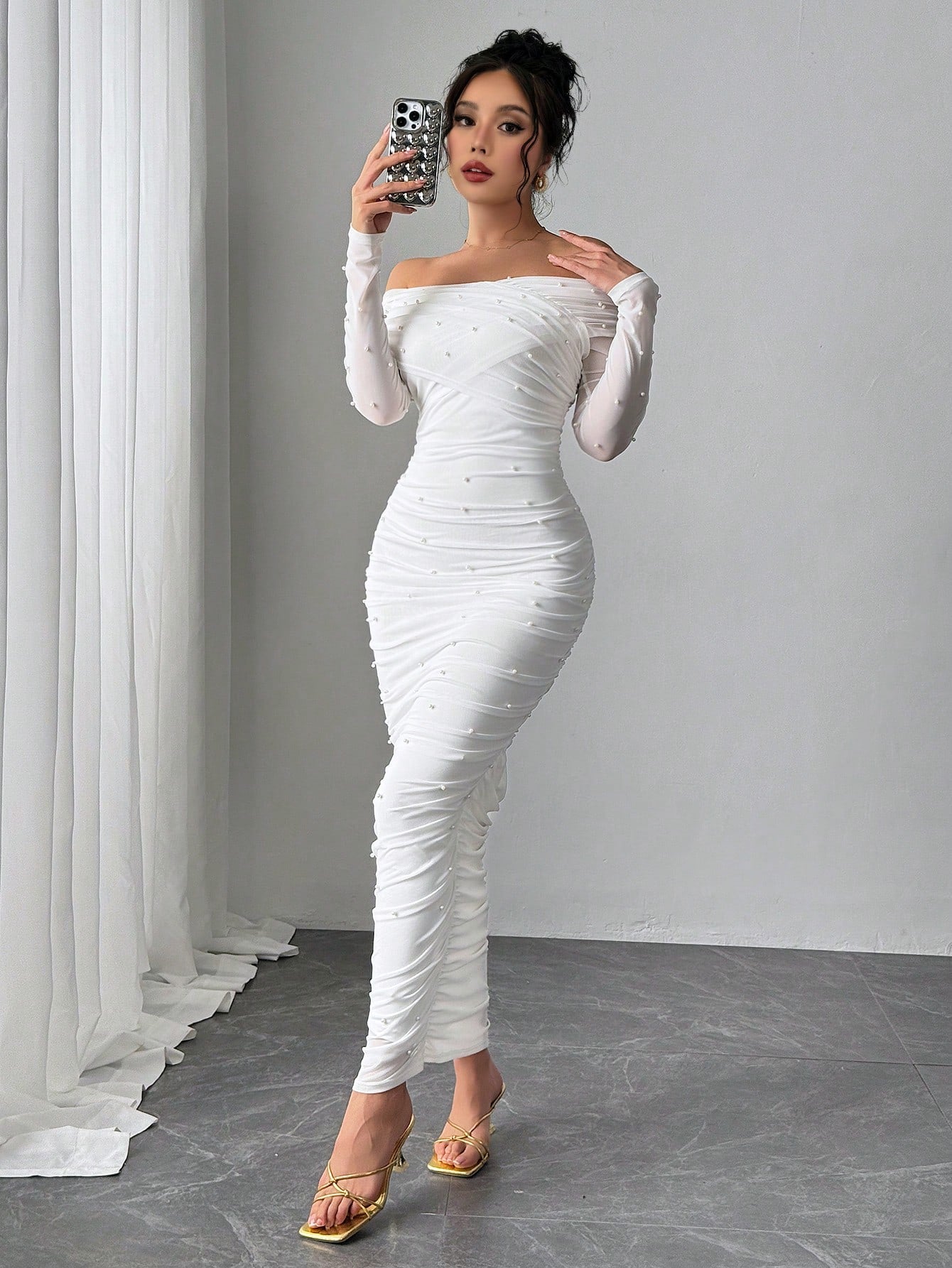 Firerie Women's Elegant Sexy White Autumn Maxi Dress, Pearl Decor Ruched Slim Fit Open Shoulder Graduation Office Party, Anniversary, Valentine's Day Outfits
