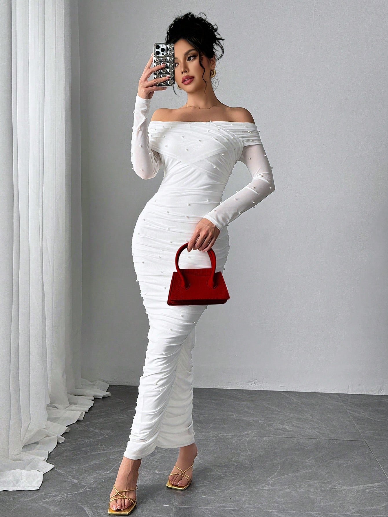 Firerie Women's Elegant Sexy White Autumn Maxi Dress, Pearl Decor Ruched Slim Fit Open Shoulder Graduation Office Party, Anniversary, Valentine's Day Outfits