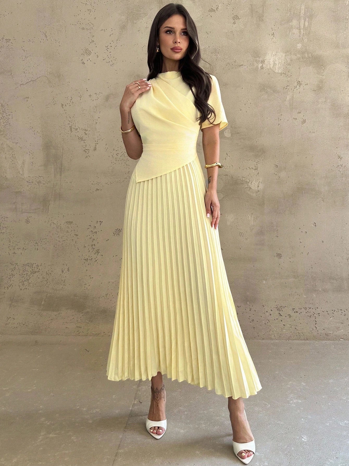 Firerie Women's Elegant Wedding Teachers' Day Brunch Tea Party Everyday Wear Pale Yellow Dress With Draped Asymmetrical Hem And Pleated Details Summer